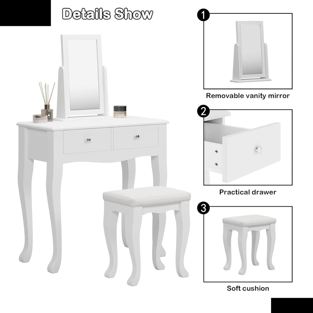 White Wooden Vanity Dressing Table with Mirror and Stool, 2 Drawers E106