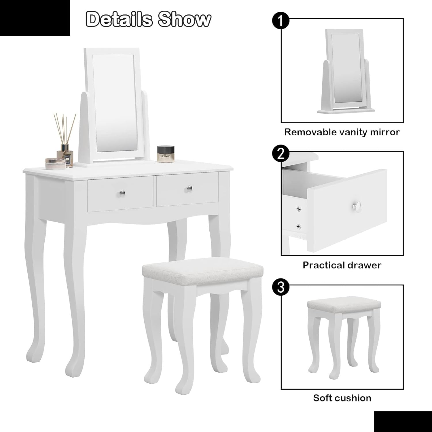 White Wooden Vanity Dressing Table with Mirror and Stool, 2 Drawers E106
