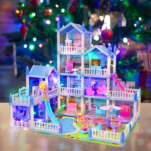 Blue 4-Story 11 Rooms Doll House with Furniture O90349