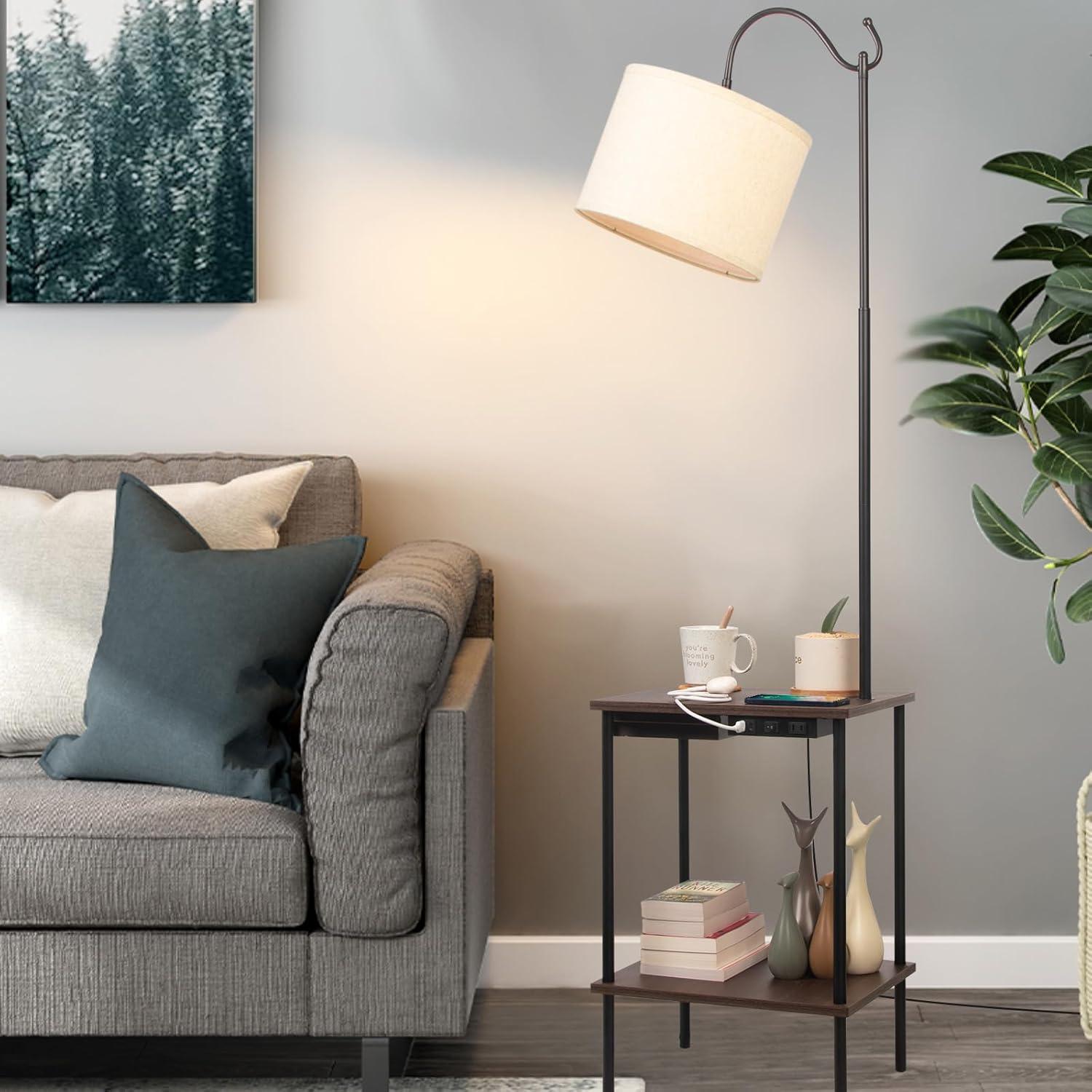 Industrial Rustic Floor Lamp with Wireless USB Charging Port & Power Outlet G7250