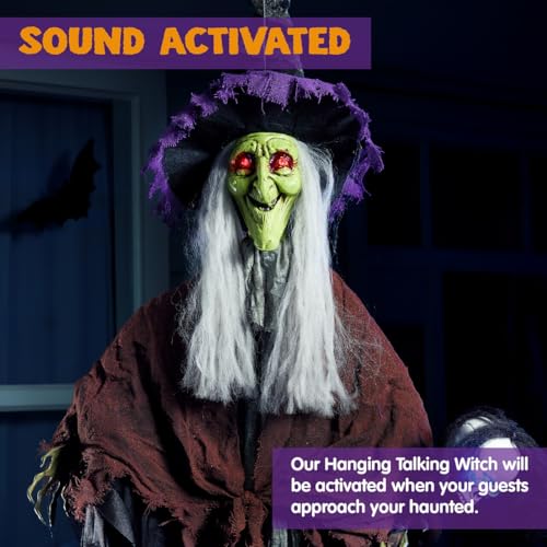 59” Halloween Decorations Outdoor Hanging Witch with Light Up Skull Skeleton Wand Sound Activated L24154