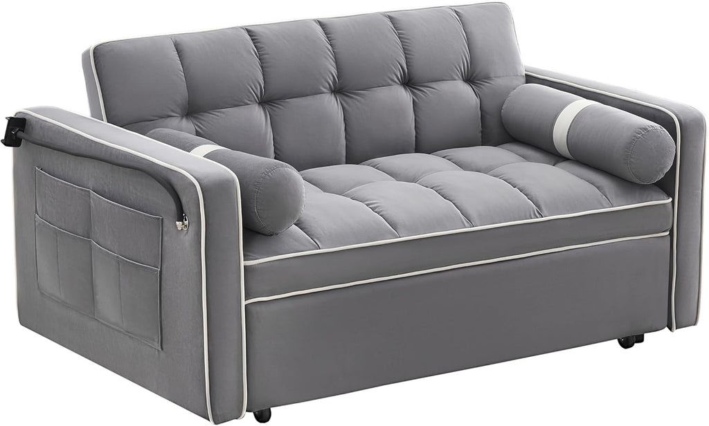 3 in 1 Sleeper Sofa Pull Out Bed, Velvet Convertible SofaBed, 55" Loveseat with Adjustable Backrest, Gray T7512