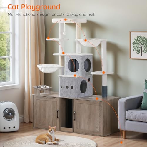 Greige 63.4" Tall Cat Tree with Dual Litter Box Enclosure F84148
