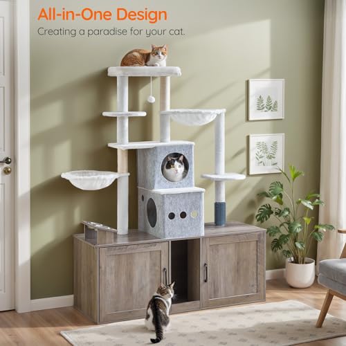 Greige 63.4" Tall Cat Tree with Dual Litter Box Enclosure F84148