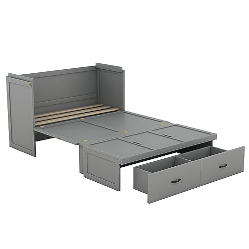 White Queen Size Foldable Wood Wall Bed Frame with Shelves and LED Lights W907