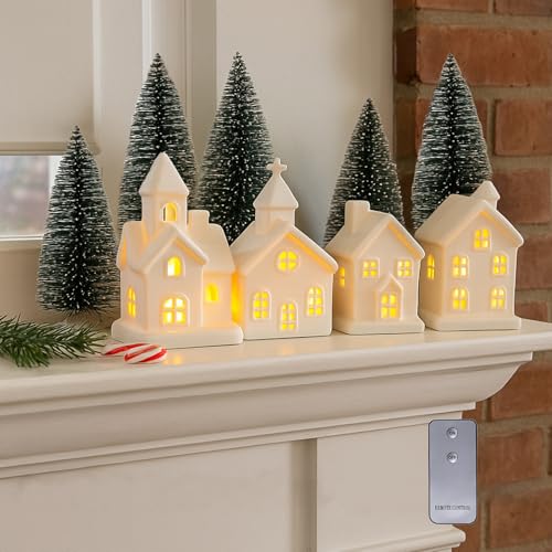 9 Pcs Christmas Village Figurines Sets - 4 Lighted Ceramic Houses with Remote Control & 5 Trees - White Christmas Decorations L2657