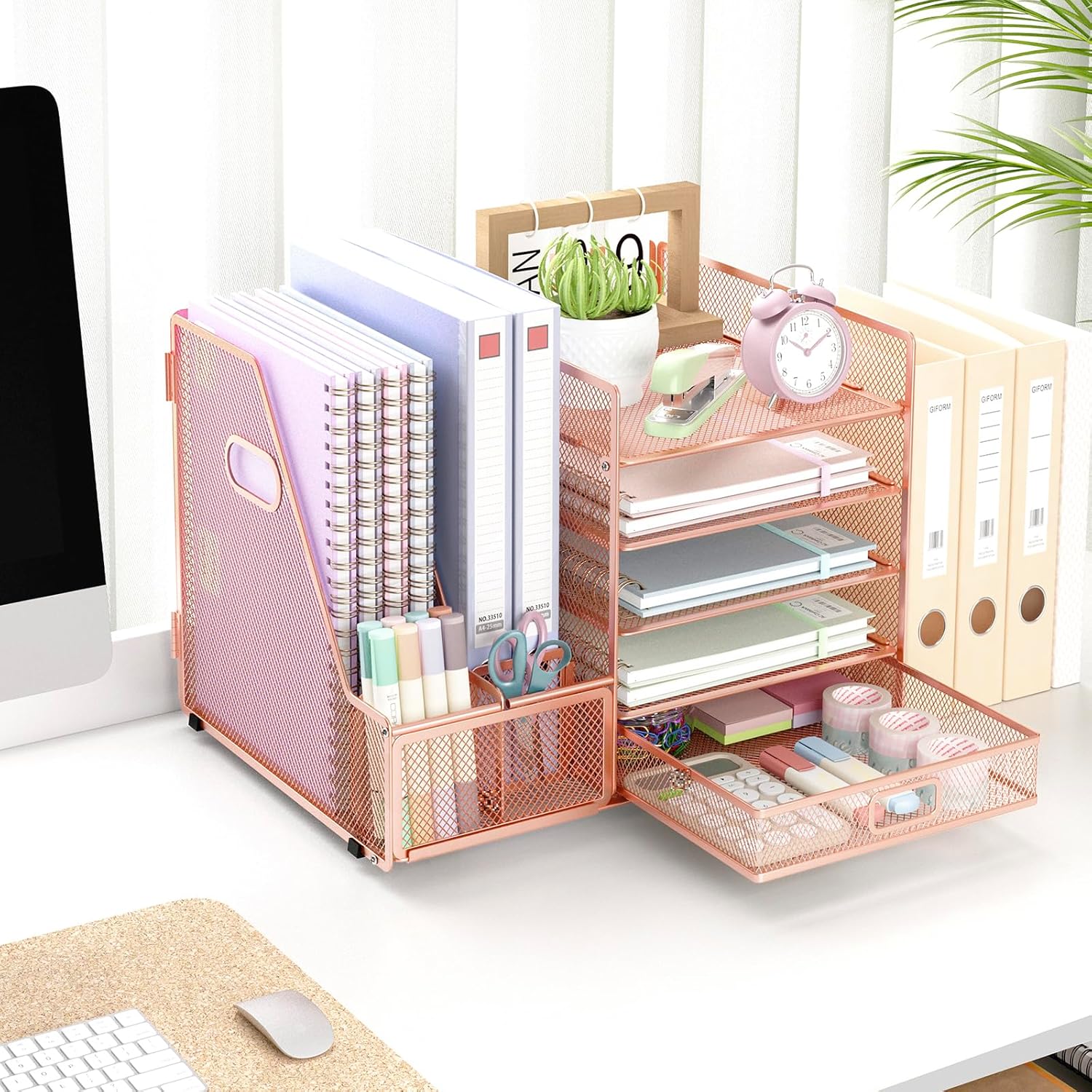 Rose Gold Acrylic Desk Organizer Set with Stapler and File Shelves Z8239