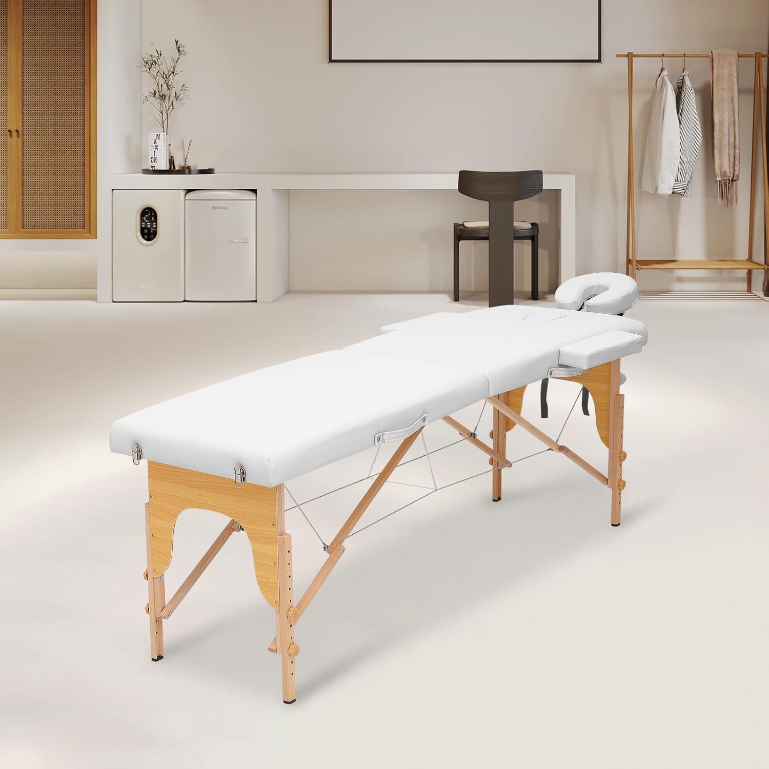 White Beechwood PVC Folding Massage Table with Carry Case K9458