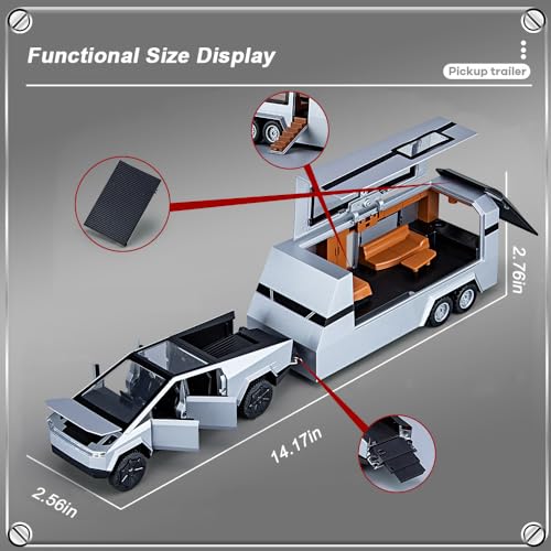 Silver Diecast Pickup Truck Model with Trailer RV and Motorcycle P5674