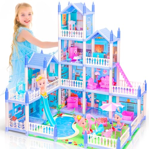 Blue 4-Story 11 Rooms Doll House with Furniture O90349