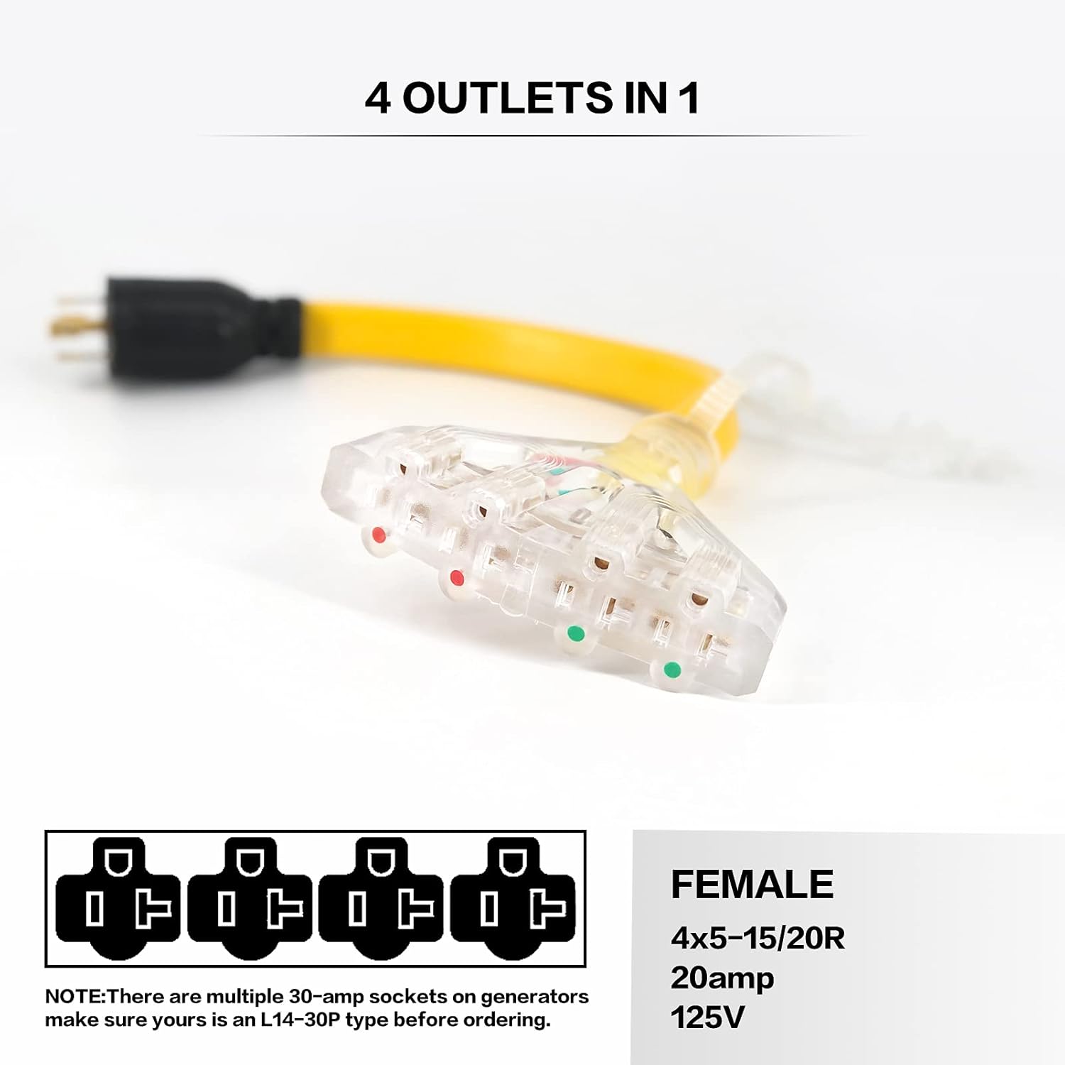 4 Prong 30 Amp to 30 Amp RV Generator Adapter Cord with LED Power Indicator 12 Inch STW 10/3 Yellow T838963