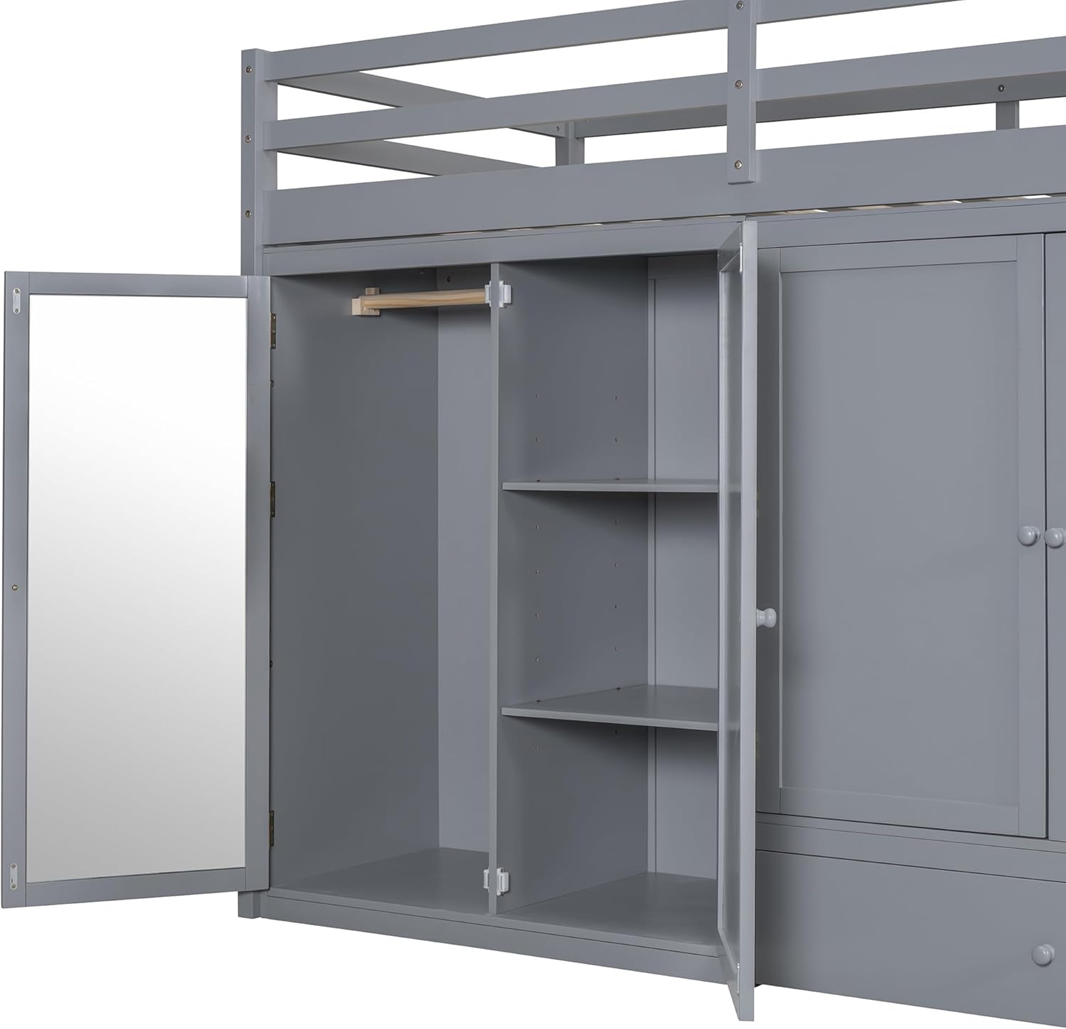 Gray Wood Twin Size Loft Bed with Storage Drawer and Two Wardrobes C96581
