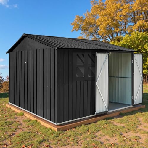 Grey Metal Outdoor Storage Shed with Windows and Lockable Doors L12614