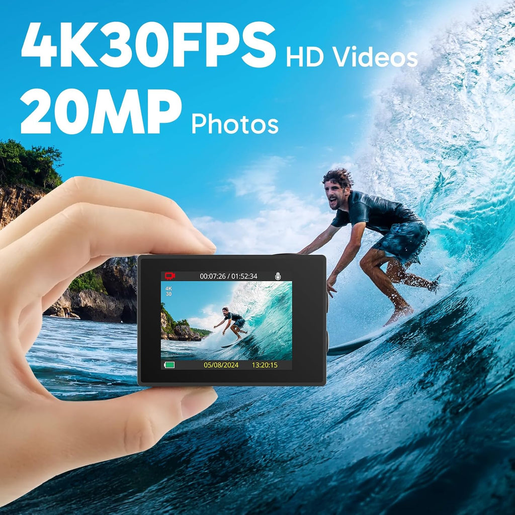 4K30FPS 20MP WiFi Action Camera and 7 in 1 Accessories Kit Bundle T258085