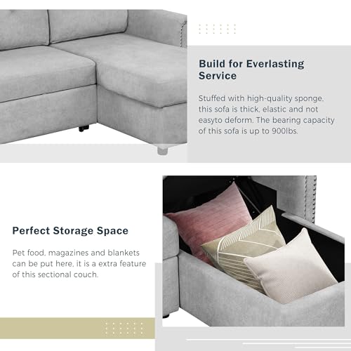 Gray Velvet L Shaped Sleeper Sectional Sofa with Storage Chaise Lounge N386891