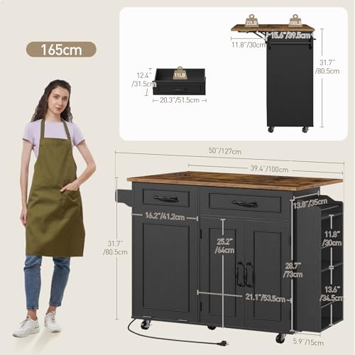 White and Walnut Kitchen Island with Power Outlet and Drop Leaf W7712
