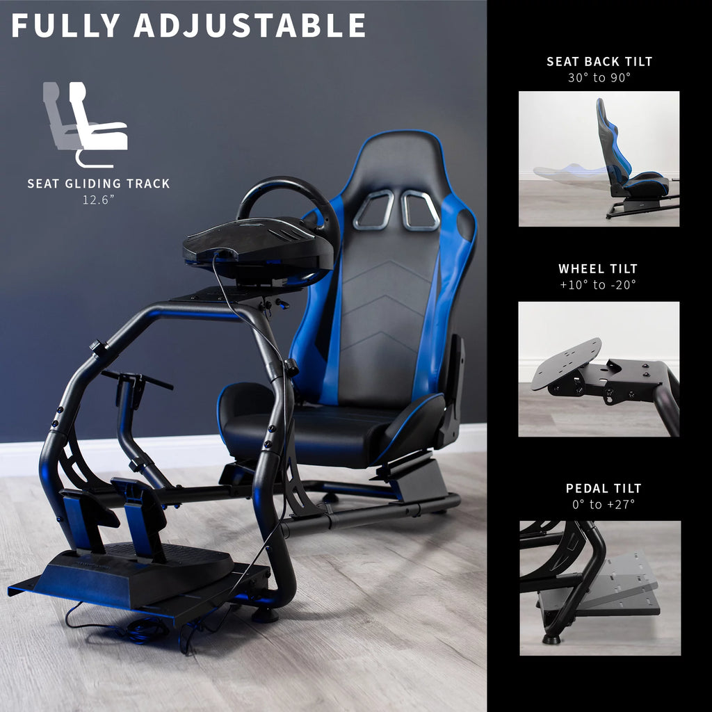 Black Blue Racing Simulator Cockpit with Wheel Stand and Reclining Seat Y392