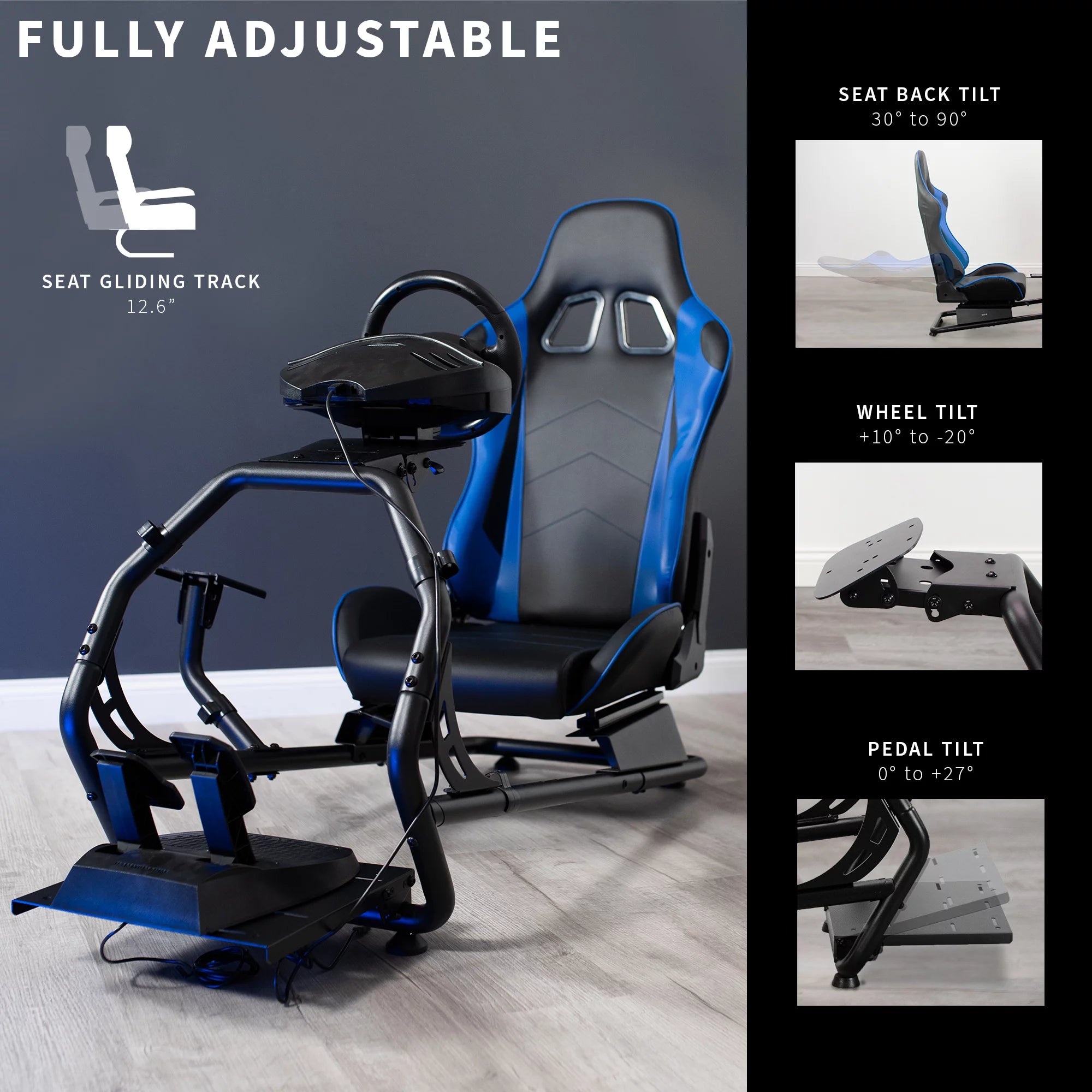 Black Blue Racing Simulator Cockpit with Wheel Stand and Reclining Seat Y392