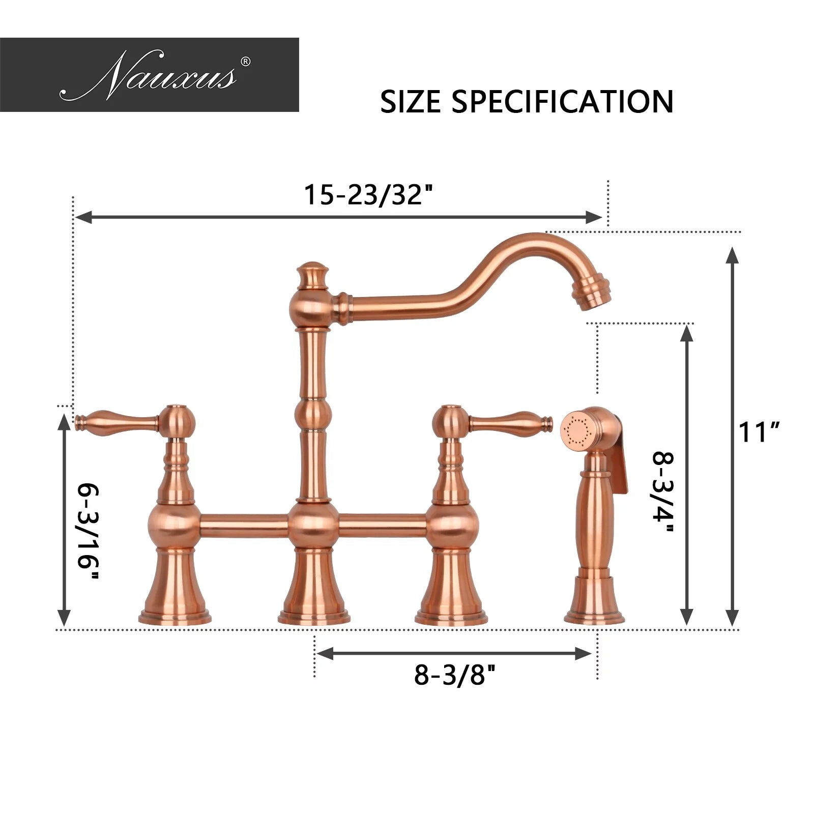 Copper Two-Handles Bridge Kitchen Faucet with Side Sprayer F1381