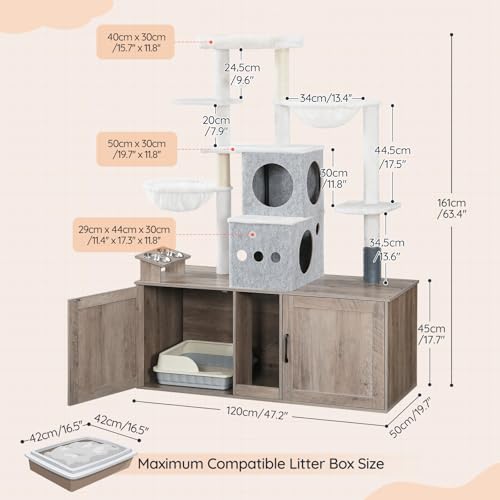 Greige 63.4" Tall Cat Tree with Dual Litter Box Enclosure F84148
