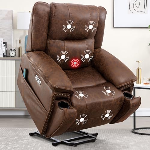 Brown Leather Power Lift Chair with Massage and Heat H16630