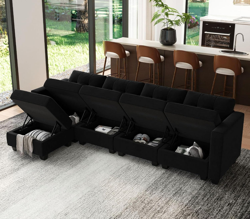 Black Velvet 5 Piece Modular Sectional Sofa with Storage Seats and Ottomans C134