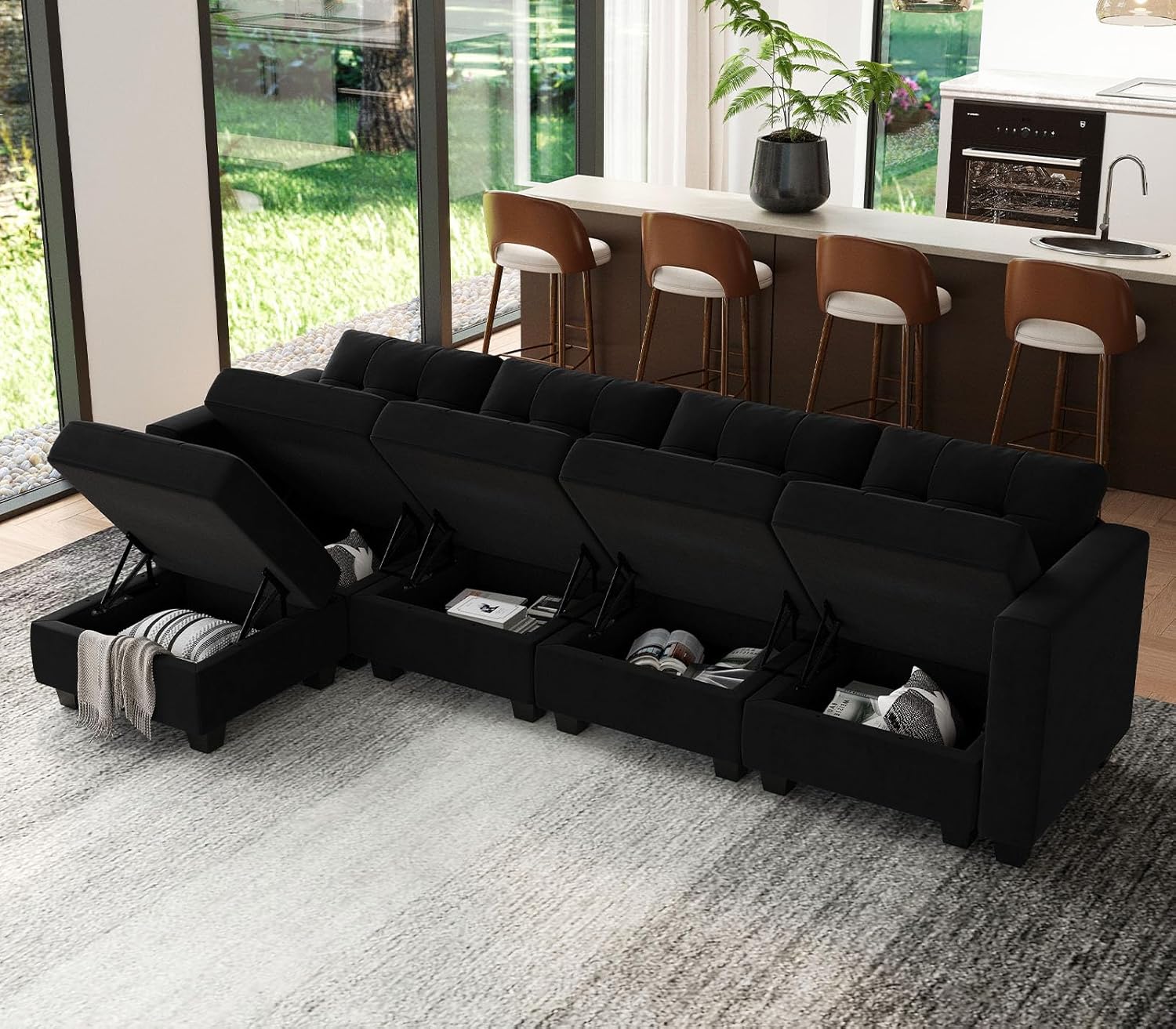 Black Velvet 5 Piece Modular Sectional Sofa with Storage Seats and Ottomans C134