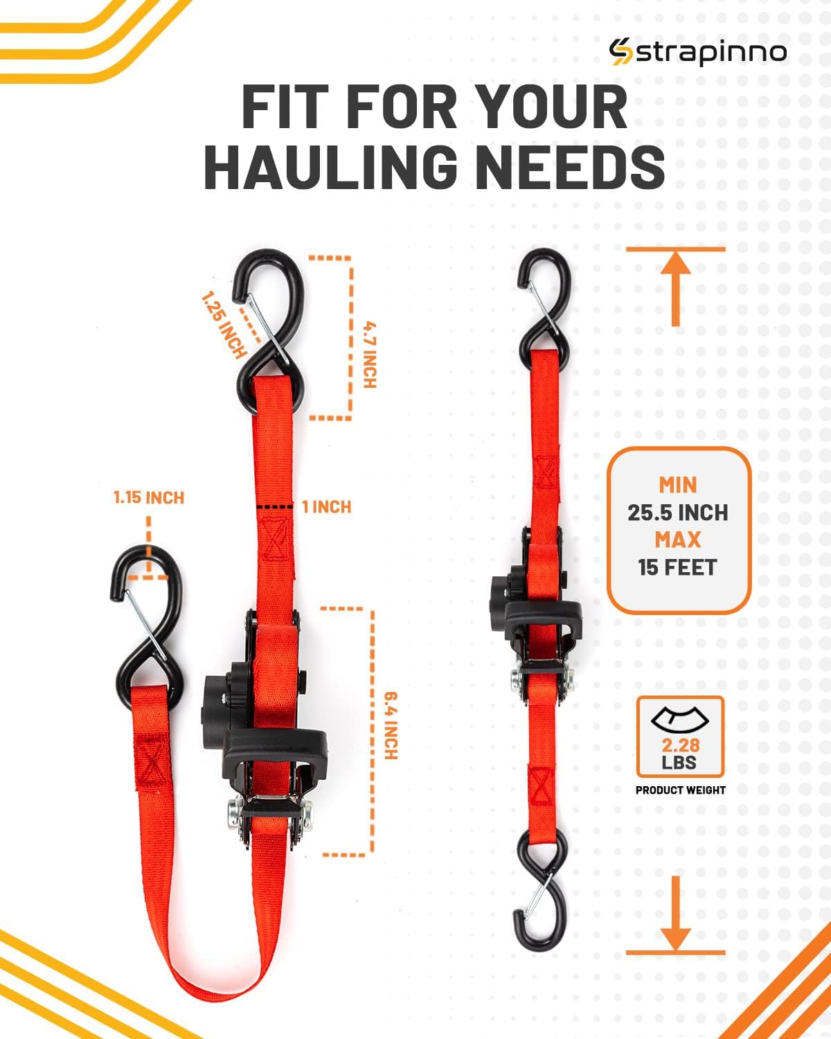 Retractable Ratchet Straps 1 in x 15 ft Heavy Duty Tie Downs with S Hooks F7980