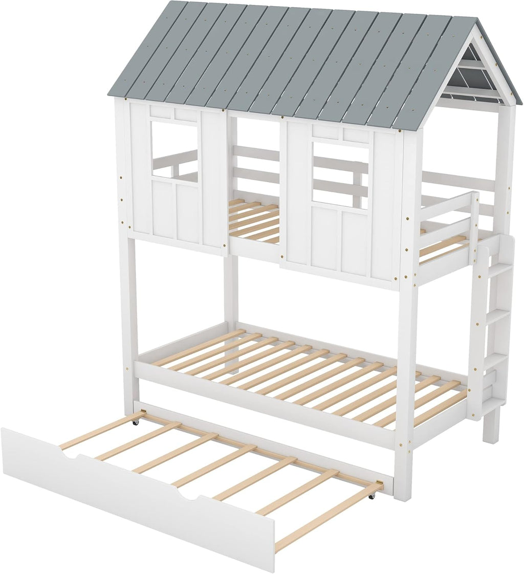 White Wood Twin Over Twin Bunk Bed with Trundle N78992