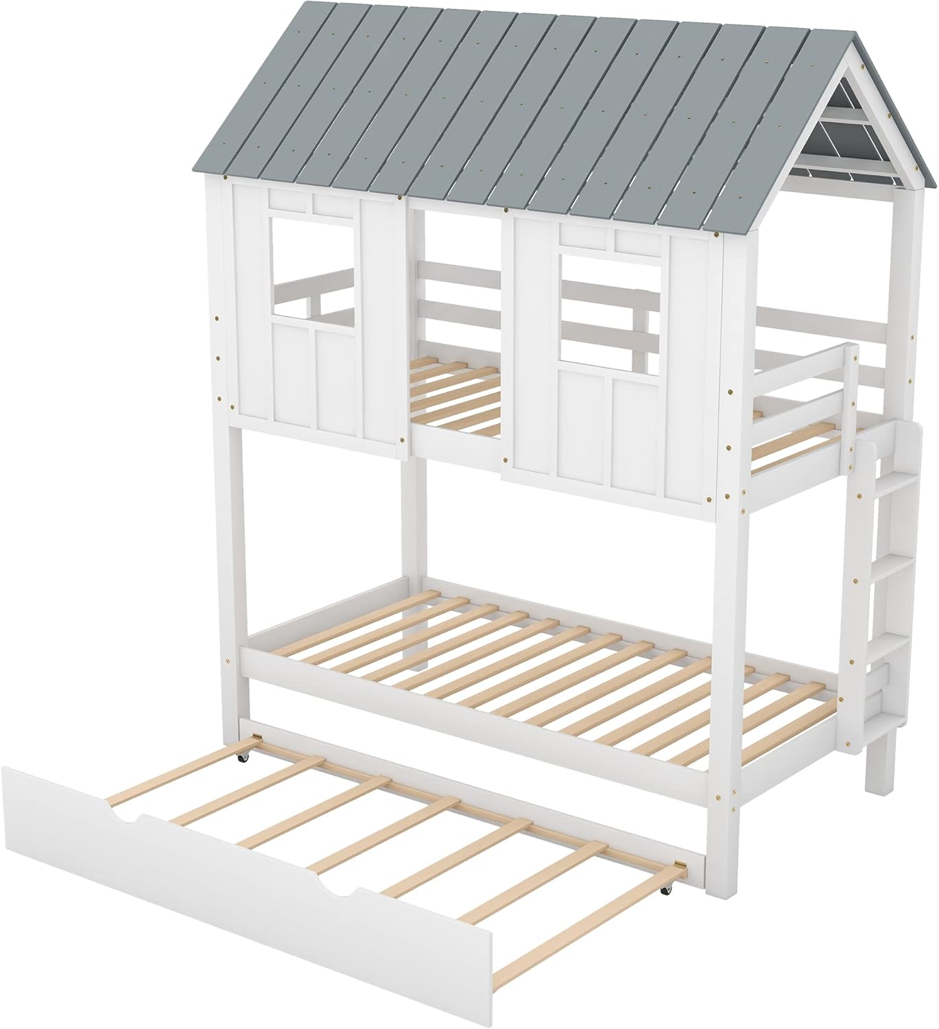 White Wood Twin Over Twin Bunk Bed with Trundle N78992