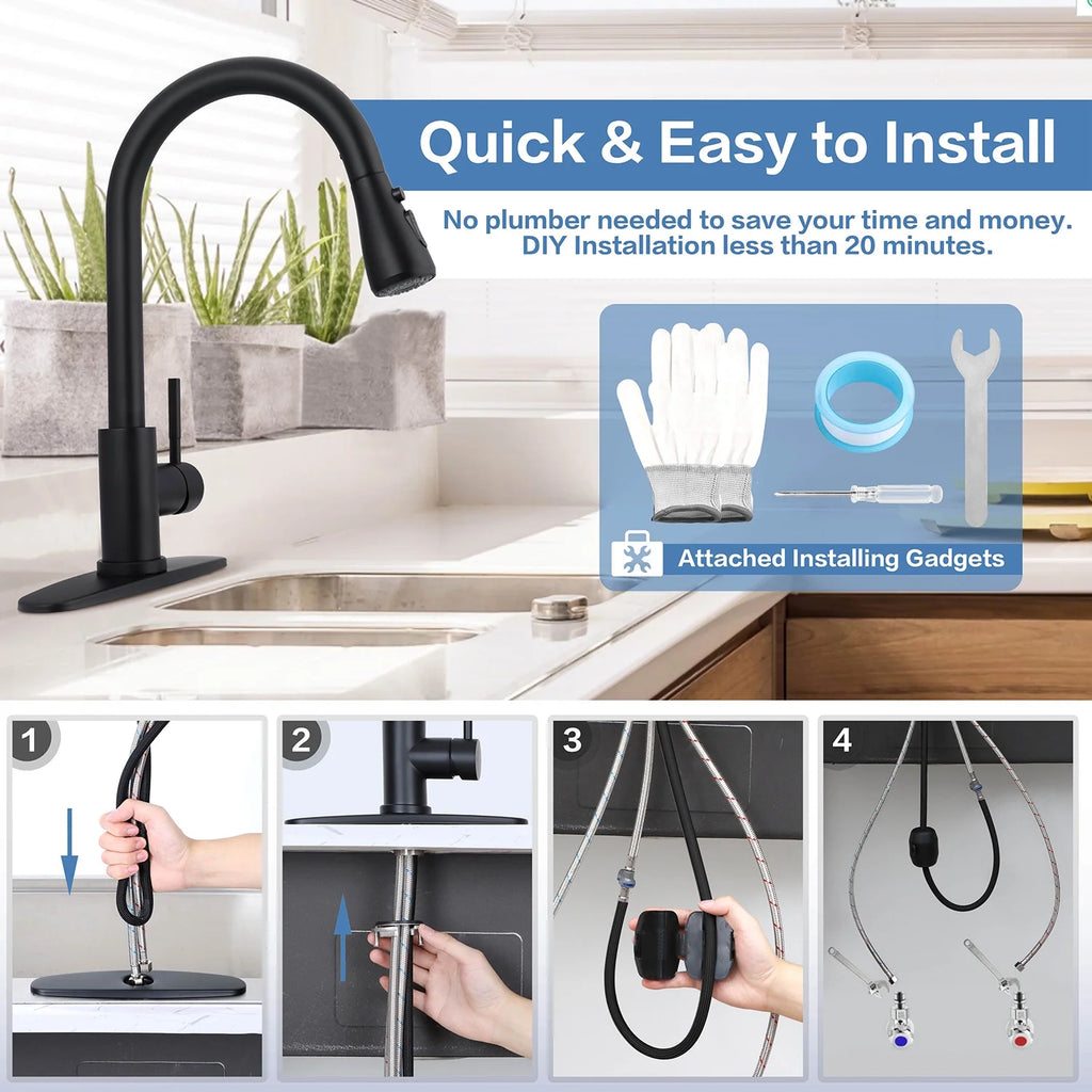 18/10 Stainless Steel Matte Black Kitchen Sink Faucet with Pull Down Sprayer I5373