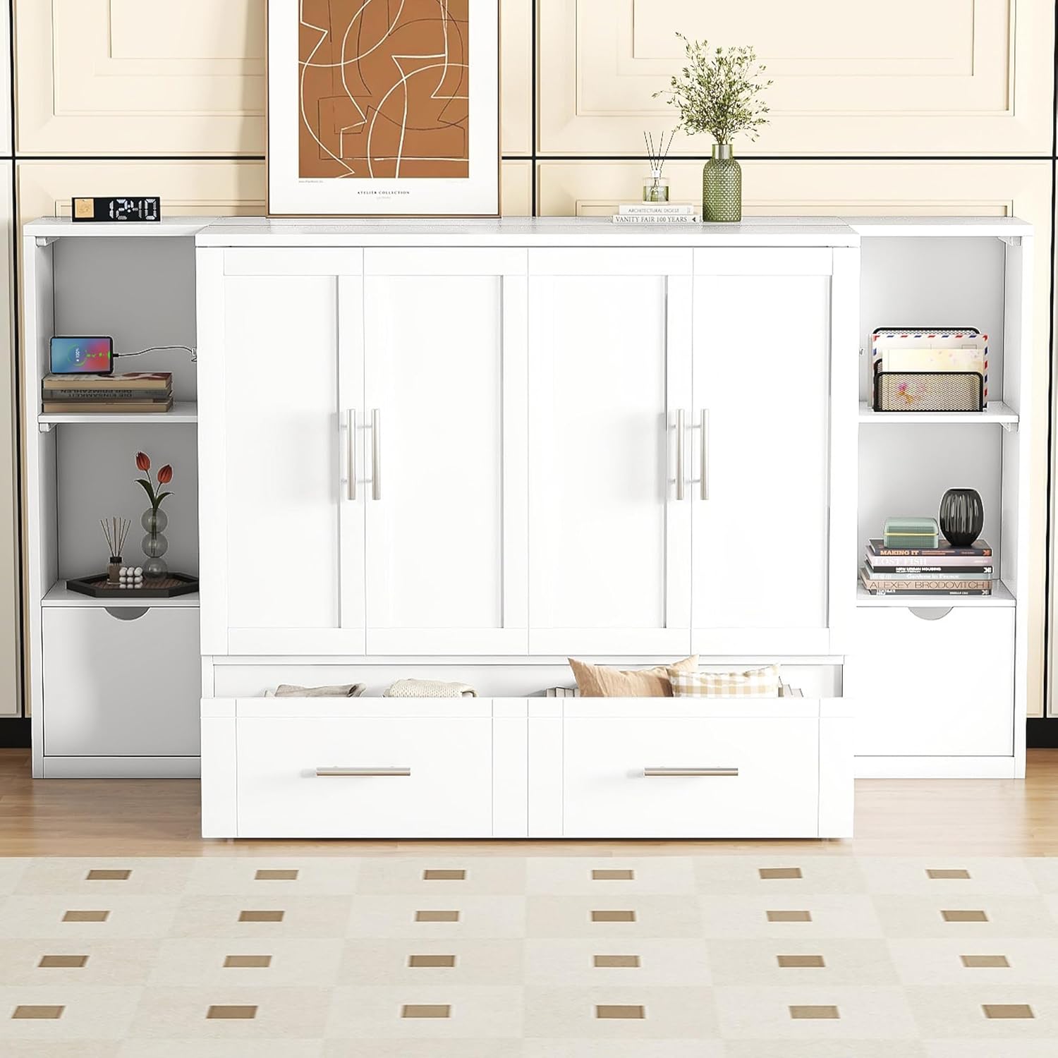 White Queen Size Murphy Bed with Shelves and Drawers P415