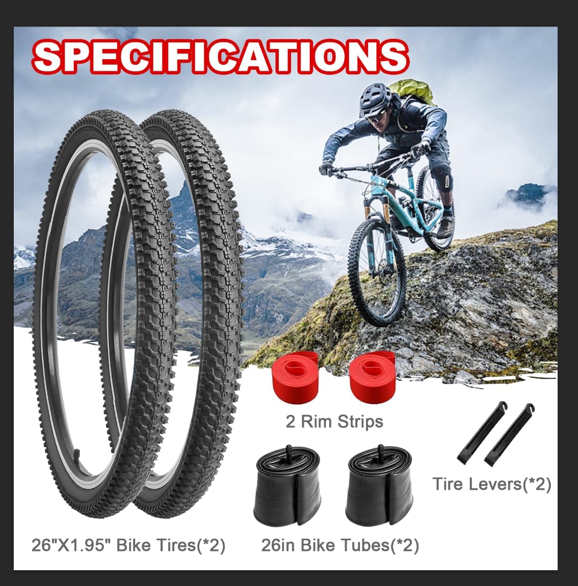 26" x 1.95 Folding Replacement Bicycle Tire with Schrader Valve Tubes, Tire Levers and Liners 2 PCS M729912