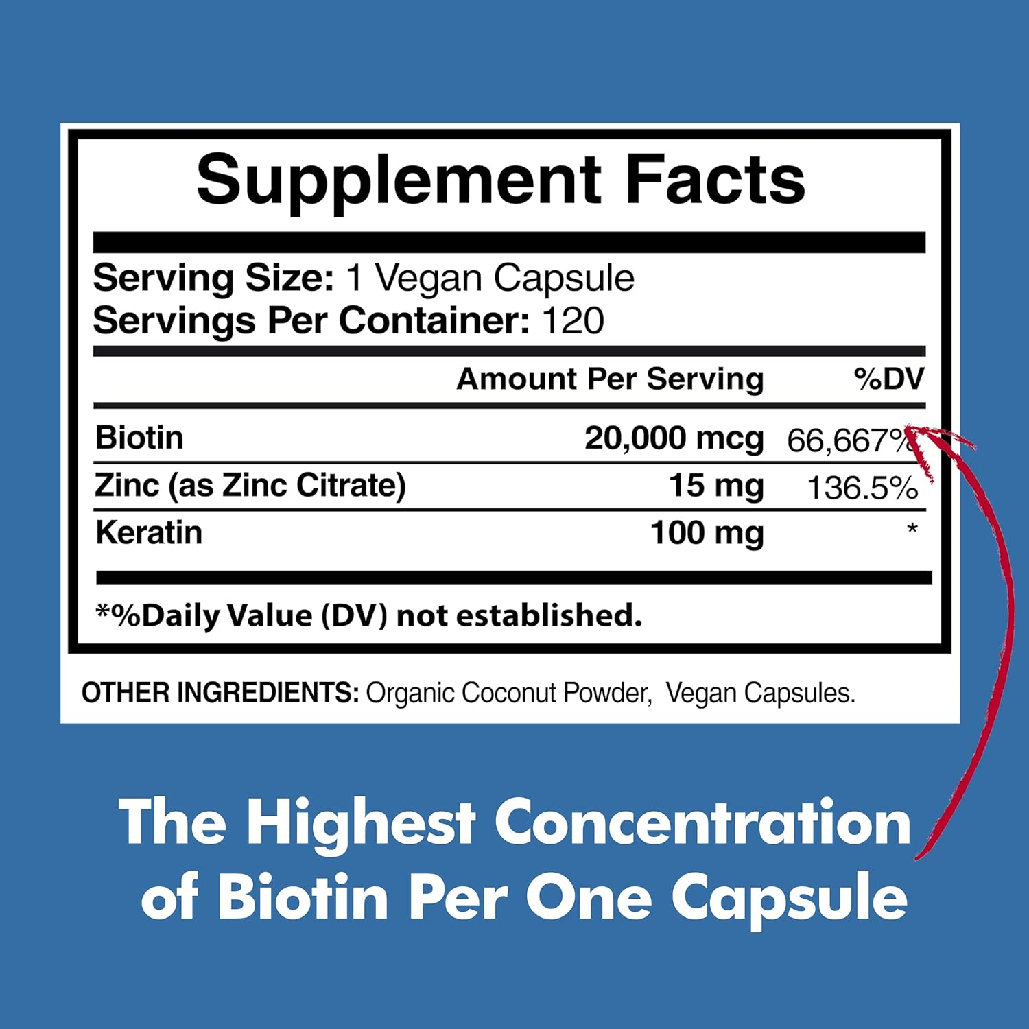 Biotin 20,000mcg with Keratin, Organic Coconut and Zinc, 120 Vegan Capsules M754334