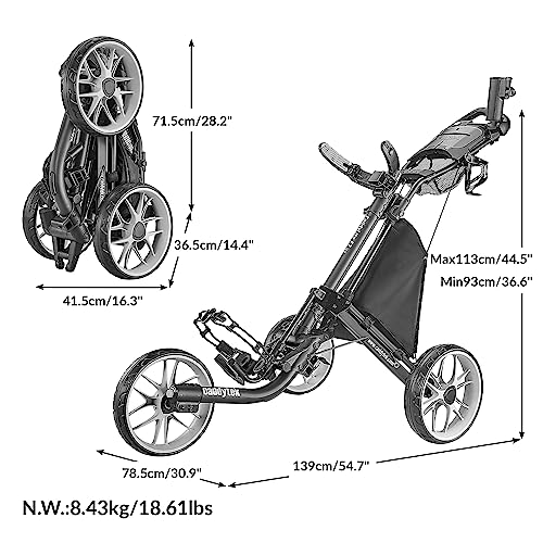 3 Wheel Golf Push Cart Foldable Lightweight Pushcart with Foot Brake V497567