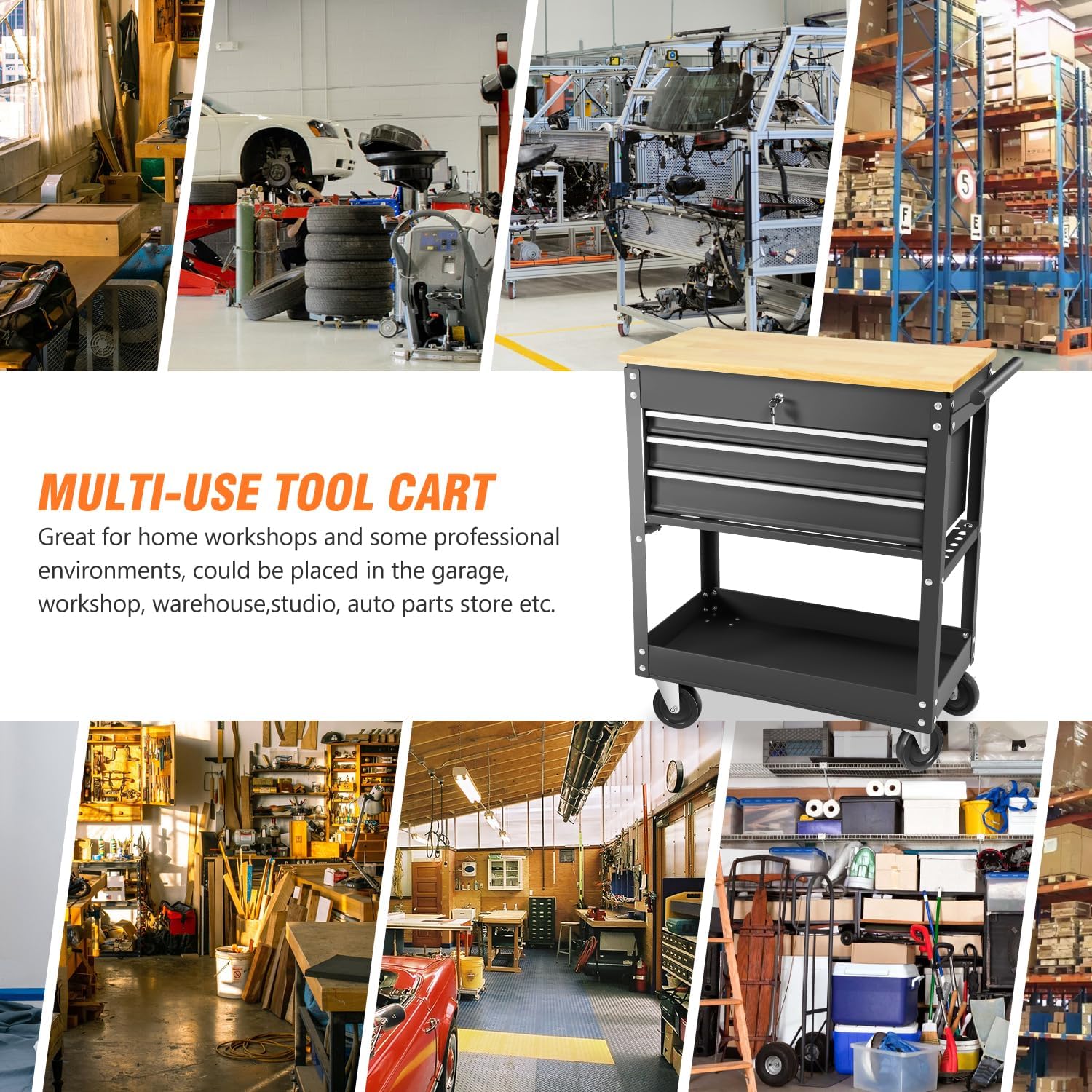 Black 3-Drawer Wood Top Rolling Tool Chest U126