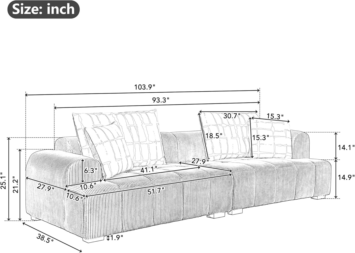 Oversized Corduroy Modular Sectional Sofa with 4 Pillows M2323