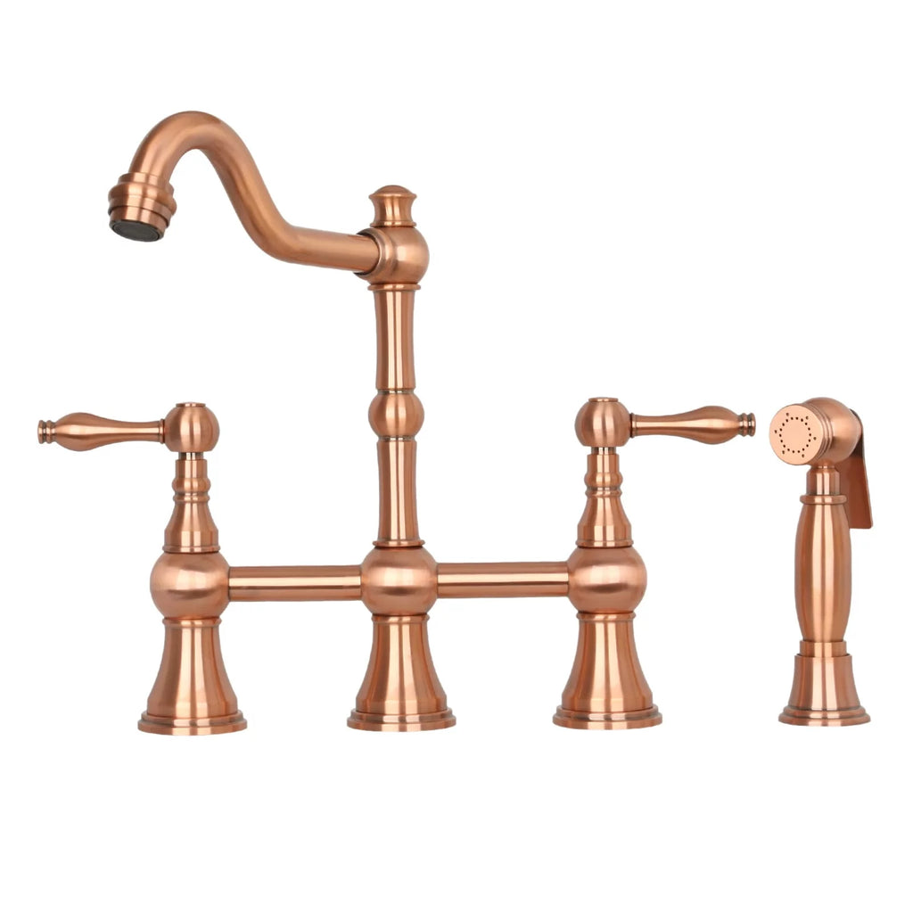 Copper Two-Handles Bridge Kitchen Faucet with Side Sprayer F1381