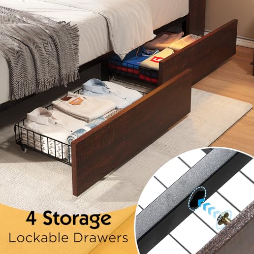 Black Farmhouse Bed Frame with Bookcase Headboard and 4 Drawers X296441