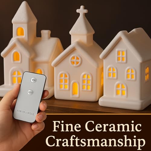 9 Pcs Christmas Village Figurines Sets - 4 Lighted Ceramic Houses with Remote Control & 5 Trees - White Christmas Decorations L2657