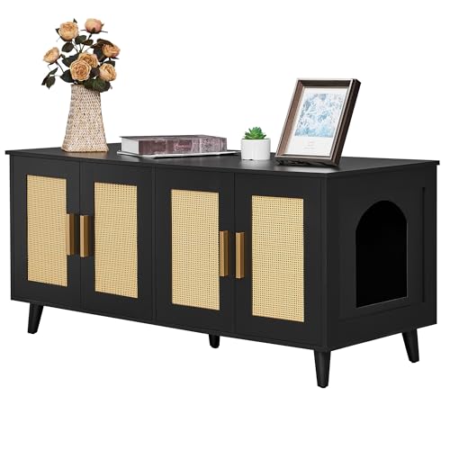 Boho Cat Litter Box Enclosure with Double Rattan Decorated Doors, 47.2"L x 19.7"W x 21.7"H, Natural U430
