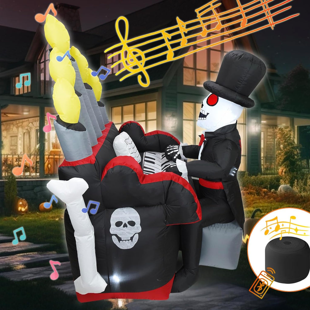 5.4FT Halloween Inflatable Skeleton Playing Piano with LED Lights and Bluetooth Speaker E350