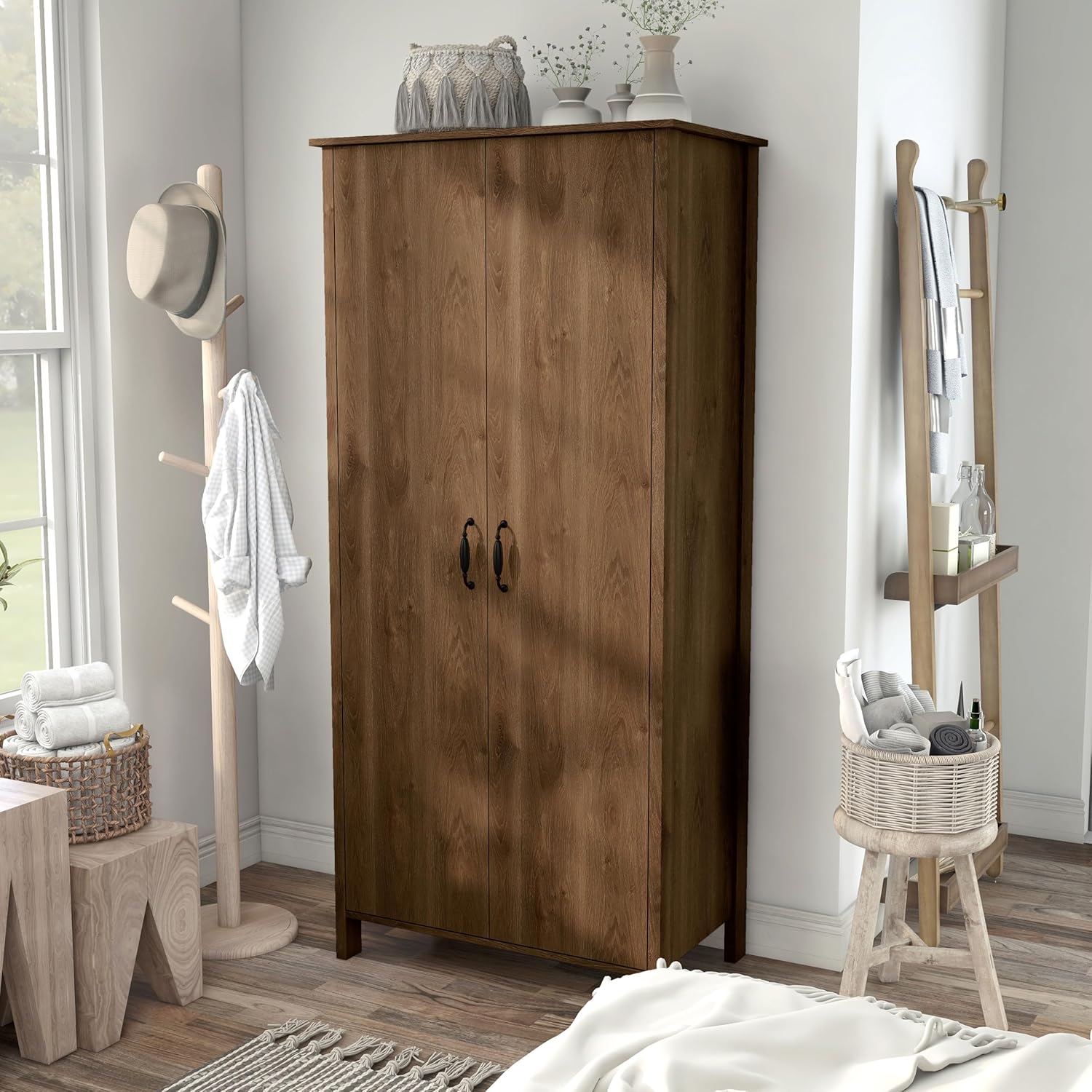 Walnut Brown 2-Doors Wood Armoire Wardrobe Closet with Fixed Shelves and Hanging Rack M110984