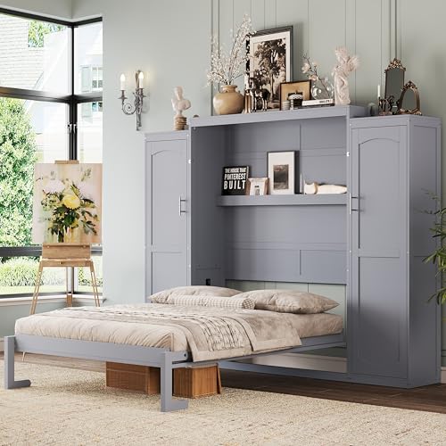White Queen Size Wooden Murphy Wall Bed with Storage Shelf I185303