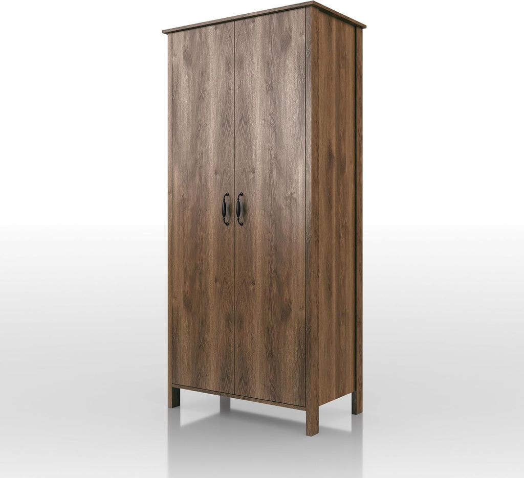 Walnut Brown 2-Doors Wood Armoire Wardrobe Closet with Fixed Shelves and Hanging Rack M110984