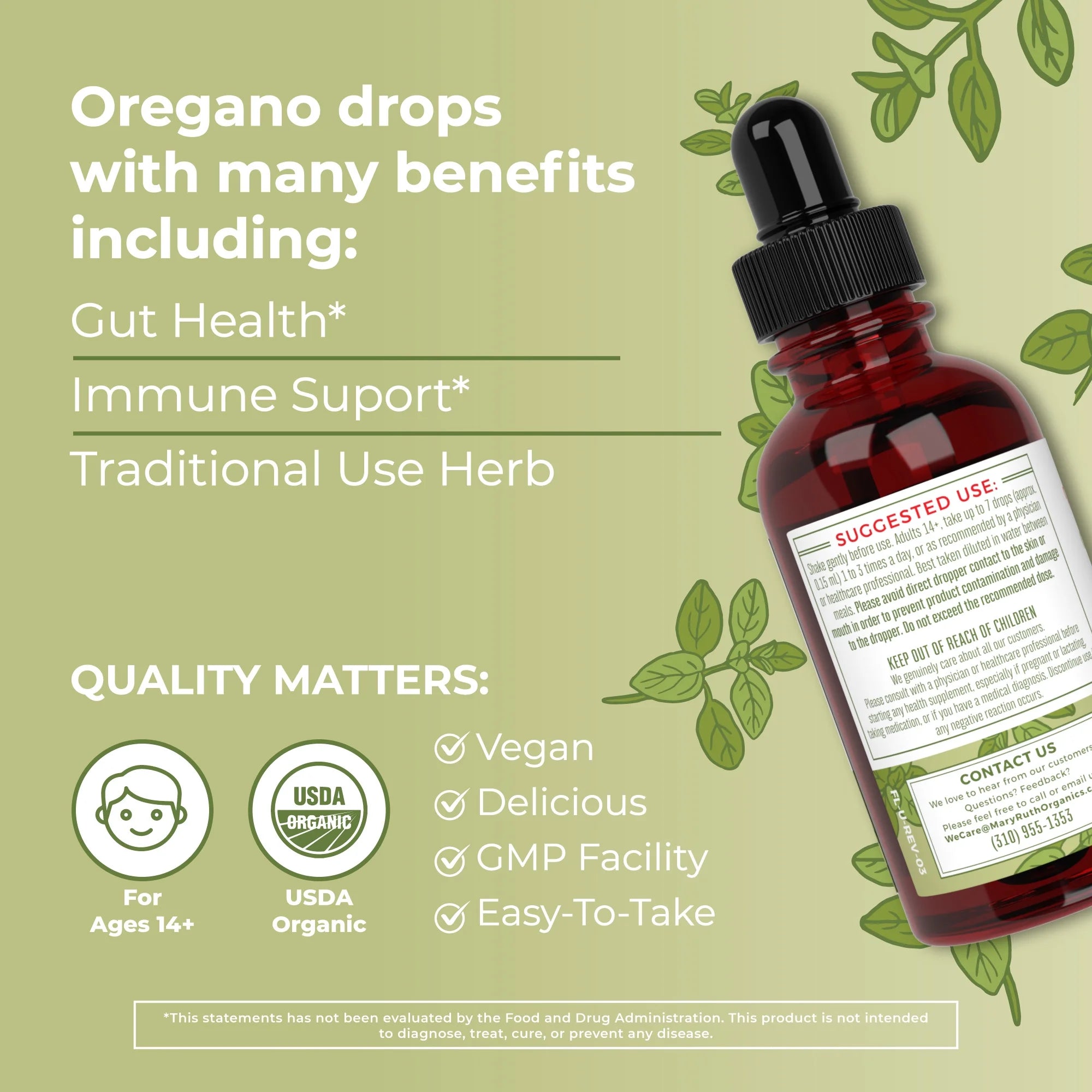 USDA Organic Oil of Oregano Liquid Drops, 1 fl oz / 30ml K933
