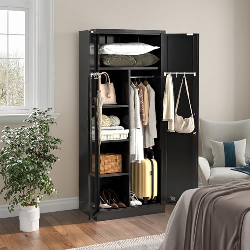 White Metal Armoire Wardrobe Closet with 2 Doors & 2 Drawers and Hanging Rod J3526