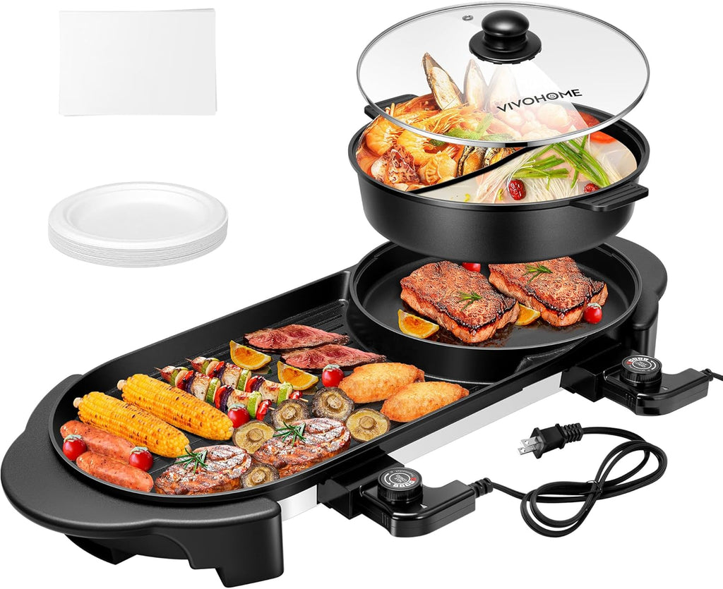 2200W Electric Hot Pot with Grill, Removable Non-stick Shabu-shabu Pot with Baking Pan, Separate Temperature Control 2-IN-1 Hotpot BBQ E730