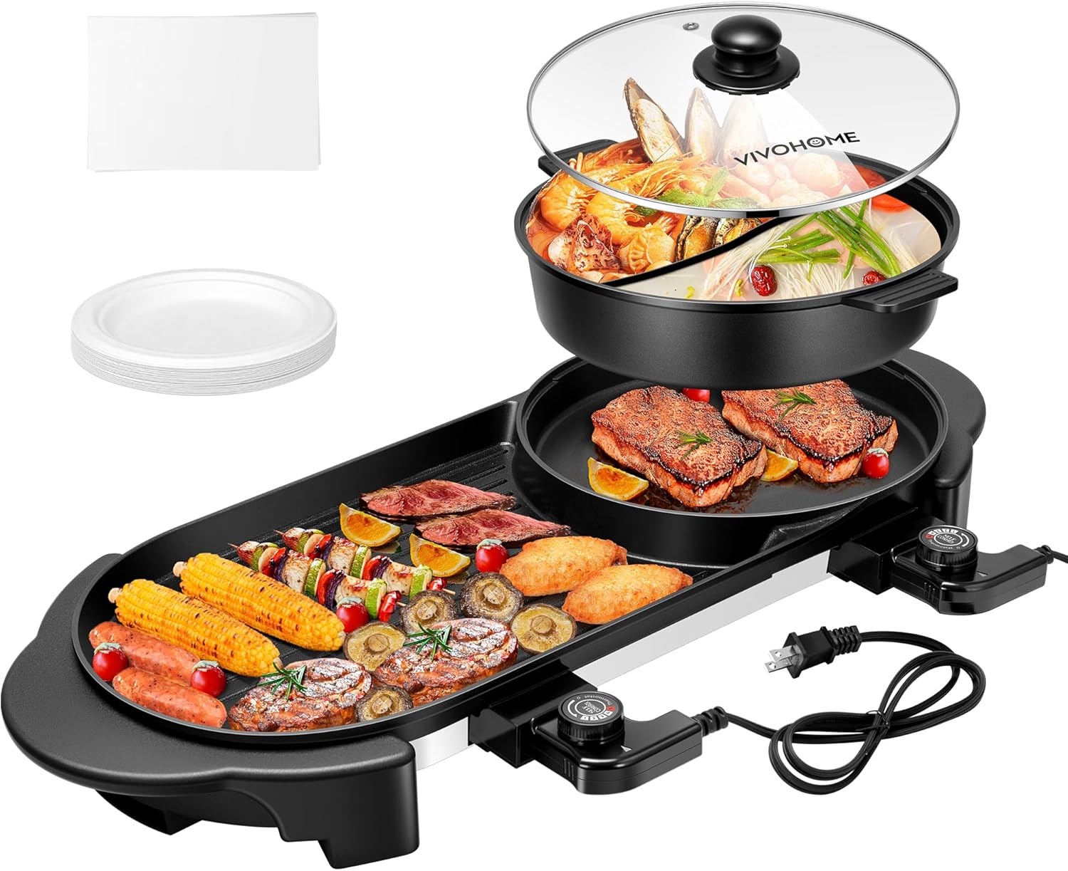 2200W Electric Hot Pot with Grill, Removable Non-stick Shabu-shabu Pot with Baking Pan, Separate Temperature Control 2-IN-1 Hotpot BBQ E730