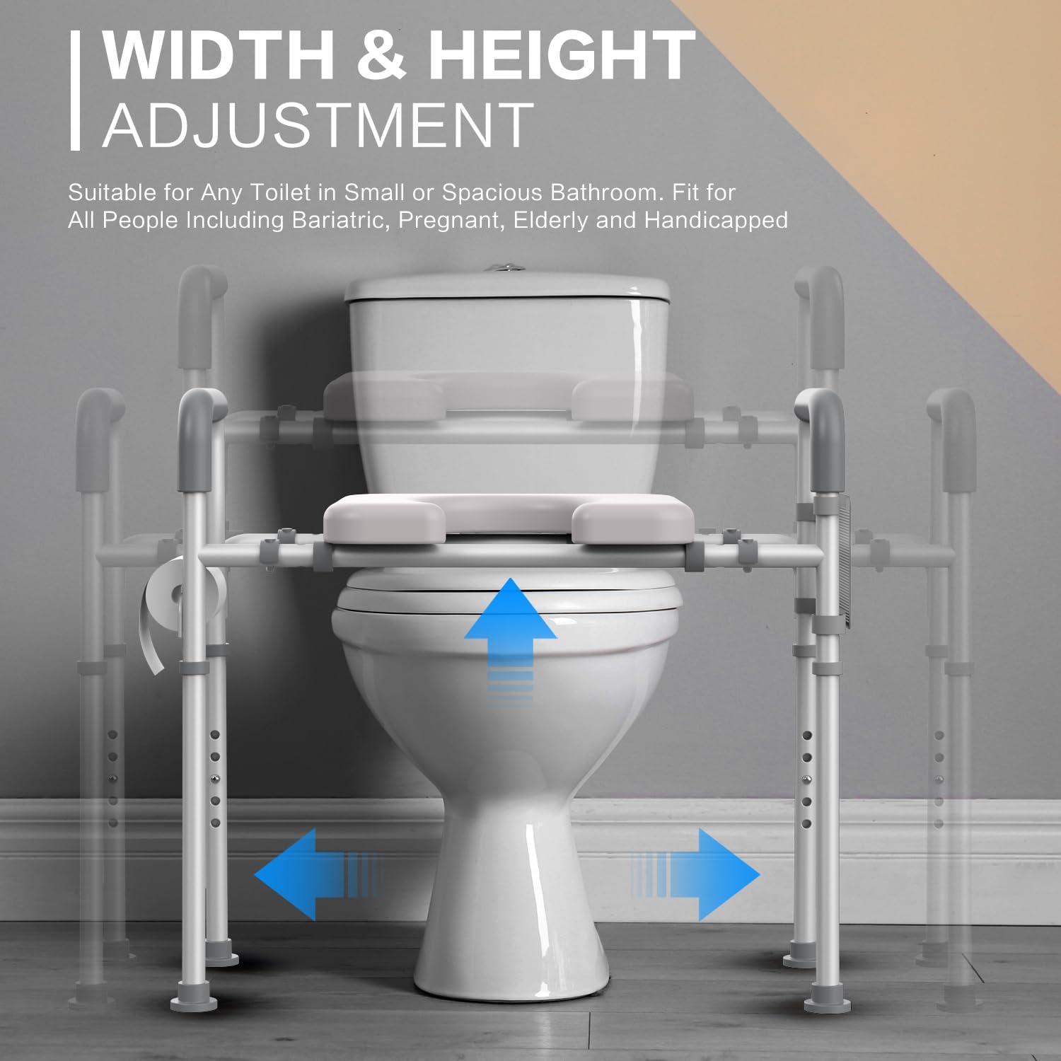 Raised Toilet Seat with Handles, Width and Height Adjustable Padded Toilet Seat Risers, Heavy Duty 350lbs Y3955